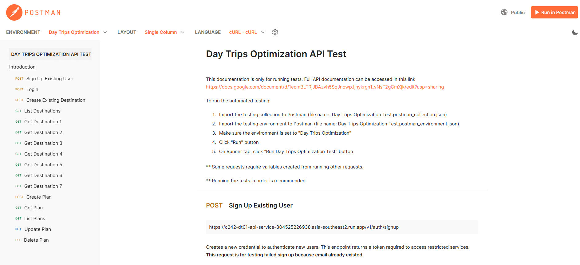 The public Postman documentation for the API test collection: a sidebar of requests covering sign-up, login, destinations and plans, and a page explaining how to import the collection and environment, with the deployed Cloud Run URL of the sign-up endpoint.