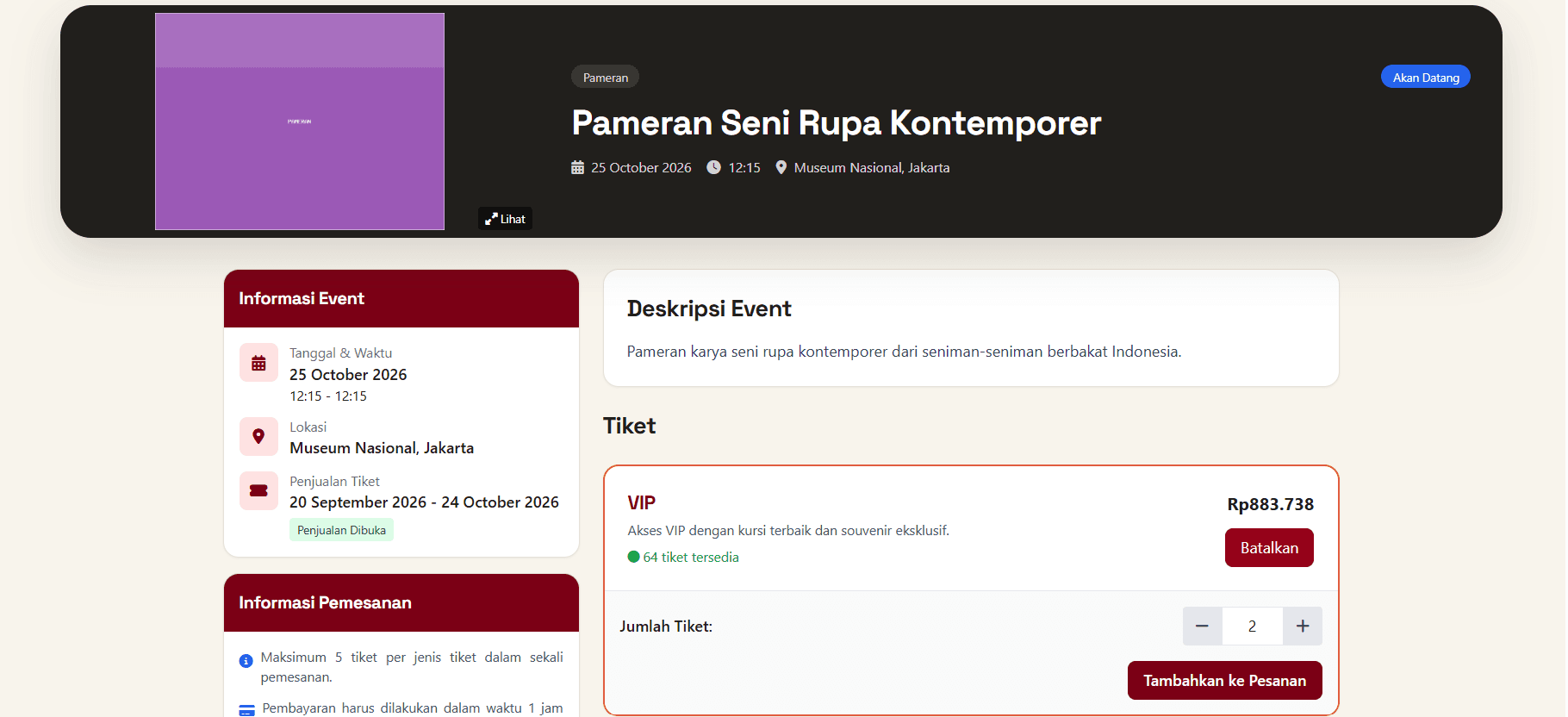 The public event page for a contemporary art exhibition, with a banner carrying the category, date, time and venue, a sidebar listing the event details and the ticket-sales window, the event description, and a ticket card for the VIP tier showing the price, the remaining quota and a quantity stepper with an order action.