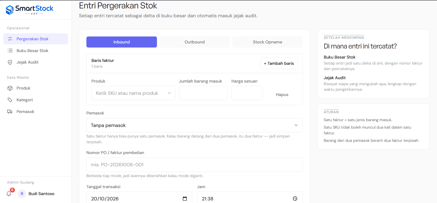 The stock movement entry form, with inbound, outbound and stock opname tabs, a multi-line invoice table for picking a product with quantity and unit price, supplier and purchase-order fields, a transaction date and time, and a side panel explaining that the entry becomes a ledger delta and an audit record.
